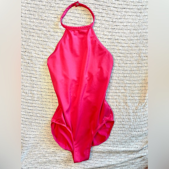 Hot Pink Halter Leo by Danskin, Adult Petite Dance Leotard w Bust Panel - Picture 7 of 8